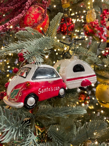 Glasornament Santa Auto & Anhänger Set, Rot/Weiss Glanz, 8cm, 2 Stck., Weihnachtsbaumkugeln, Christbaumschmuck, Weihnachtsbaumanhänger
