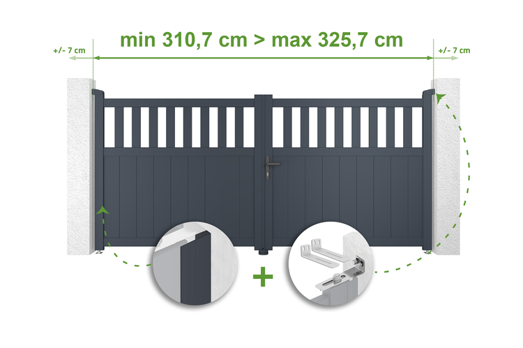 Doppelflügeltor mit Größenangaben und Details zu Befestigungselementen