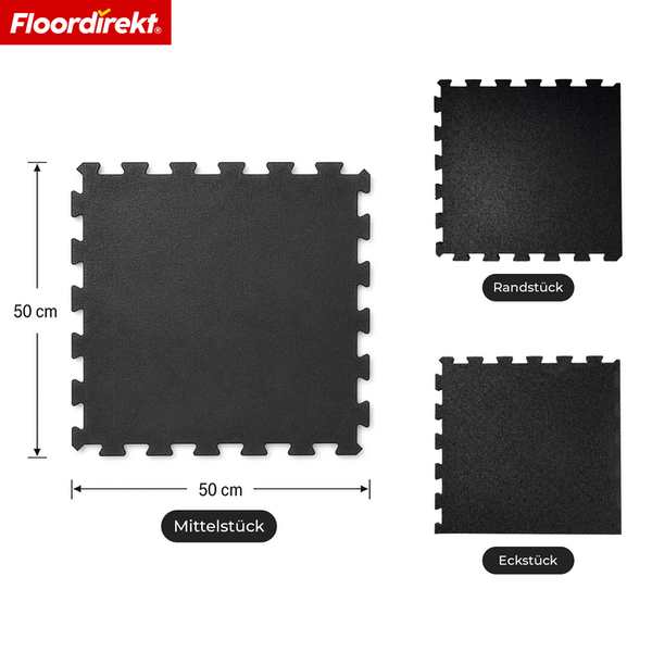 Floordirekt Logo. Quadratische Puzzle-Bodenmatten als Mittelstück 50 mal 50 Zentimeter, Randstück und Eckstück.