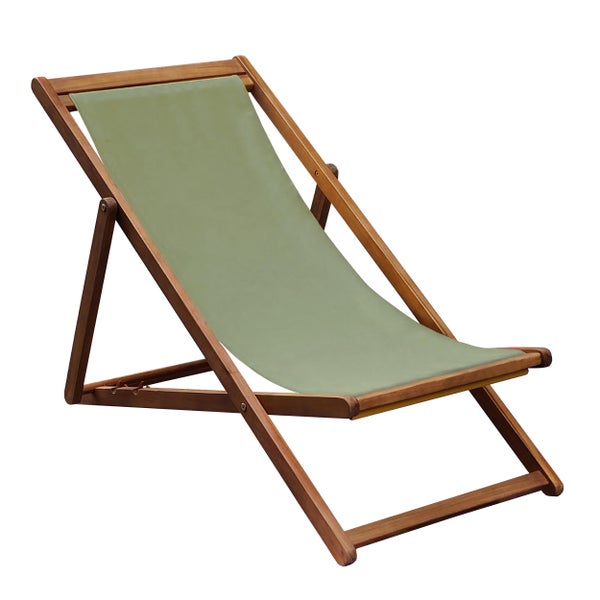 Klappbarer Liegestuhl aus Holz mit olivgrüner Stoffbespannung.