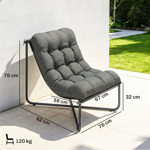 Garten-Lounge-Sessel mit Maßen: Höhe 76 Zentimeter, Breite 76 Zentimeter, Tiefe 92 Zentimeter. Maximale Belastbarkeit 120 Kilogramm.