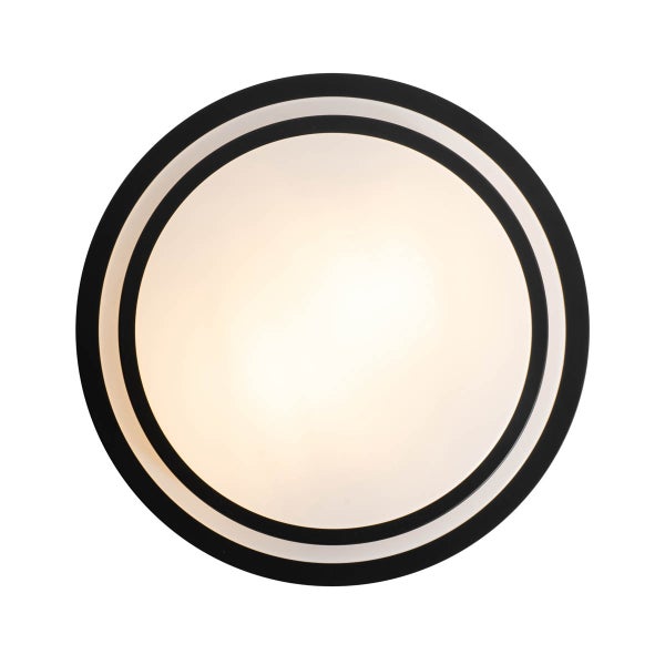 Runde LED-Deckenleuchte mit schwarzem Rahmen und weißer, beleuchteter Glasabdeckung.