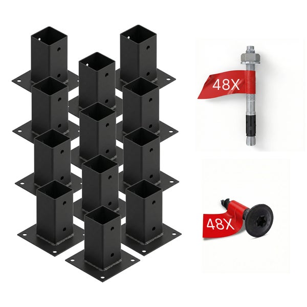 Set aus 12 schwarzen, quadratischen Pfostenträgern inklusive 48 Bolzenankern und 48 Schrauben für die Befestigung.