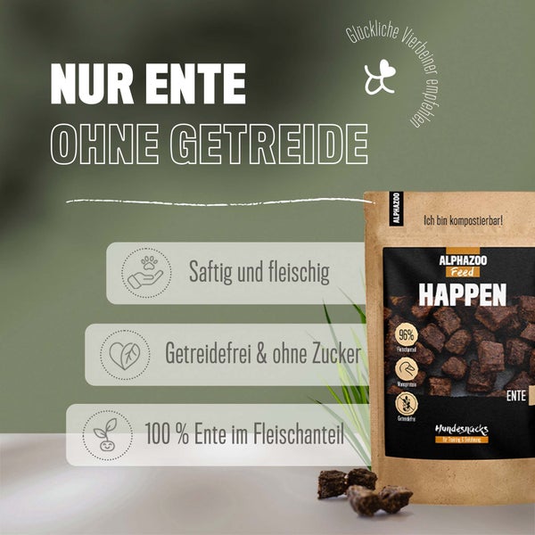ALPHAZOO Happen Ente 200g für Hunde I Große Hundeleckerli I Getreidefrei und Natürlich