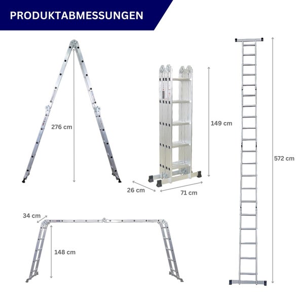 Produktabbildung mit Maßangaben für eine Mehrzweckleiter in verschiedenen Konfigurationen.