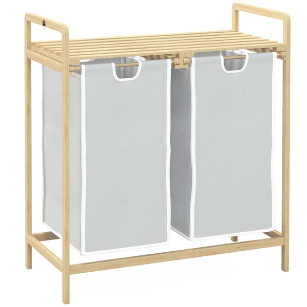 HOMCOM Bambus Wäschekorb 2 Fächer Wäschesammler mit Griff, 2 abnehmbaren Wäschesacke, Plattform, Wäschebox Wäschesortierer für Waschküche Schlafzimmer Badezimmer Natur+Creme