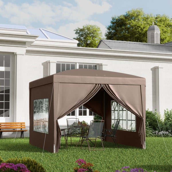 Outsunny Pavillon ca.3x3m, wasserabweisend Stabil Winterfest Pop-up Faltpavillon, UV Schutz 50+, Faltbar Partyzelt Gartenzelt mit 4 Seitenteilen Tasche Gartenpavillon für Camping Garten, Kaffee