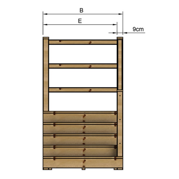Abmessungen eines Holzregals mit offenen Fächern und Schubladen