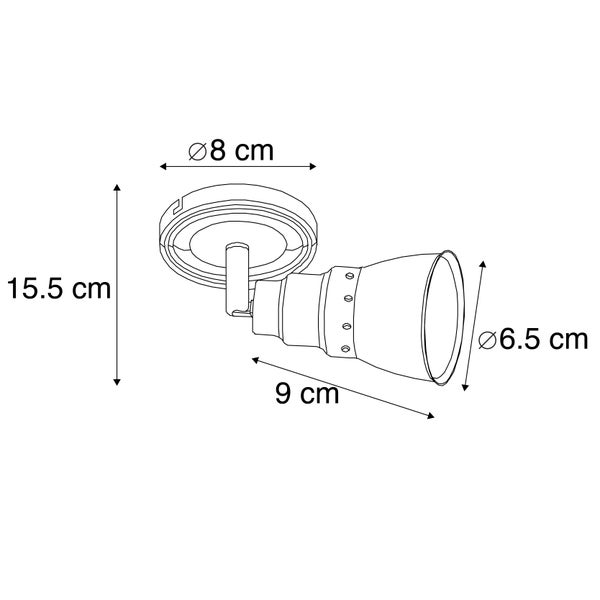 Skizze einer Leuchte mit den Maßen 15,5 cm Höhe, 8 cm Durchmesser Deckenbefestigung, 9 cm Länge und 6,5 cm Durchmesser Lampenkopf