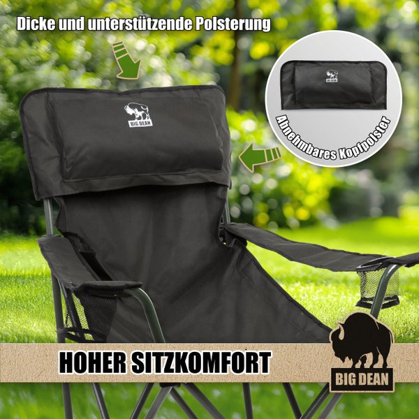 Campingstuhl mit dicker Polsterung und abnehmbarem Kopfpolster für hohen Sitzkomfort
