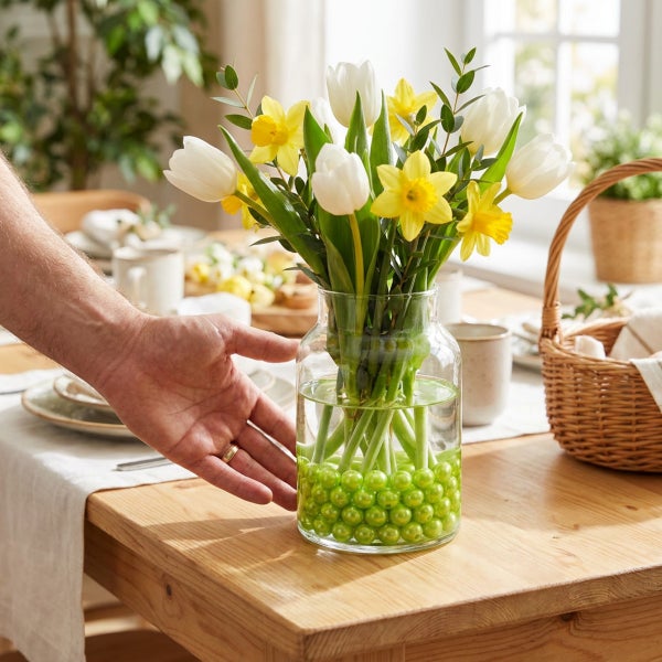 Eine Hand berührt eine gläserne Vase mit Tulpen und Narzissen auf einem Holztisch, im Wasser befinden sich grüne Deko Kugeln.