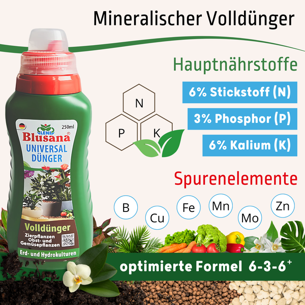 Blusana Universal Flüssigdünger NPK Dünger 6-3-6 für Zierpflanzen Obst- und Gemüse Hydrokultur Hydroponik Erde 500ml Vorteilspaket  2 x 250ml Flasche