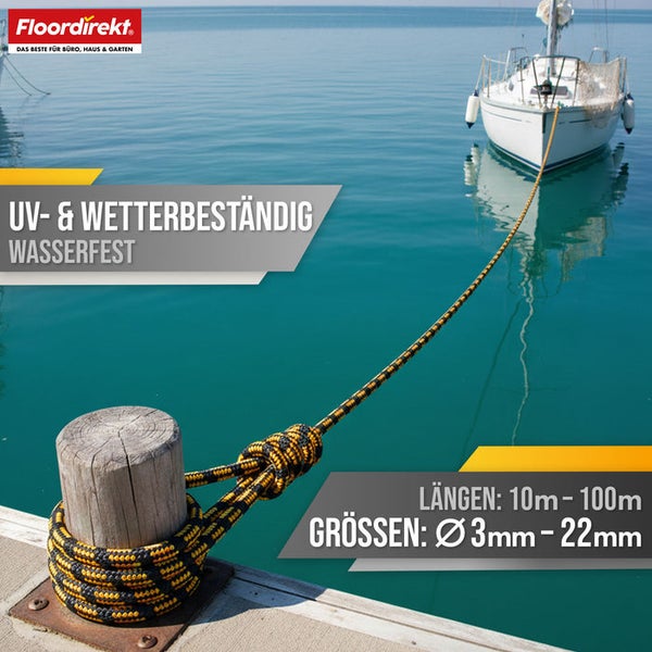 Seil am Bootssteg befestigt, UV- und wetterbeständig, wasserfest, Längen von 10 bis 100 Meter, Größen von 3 bis 22 Millimeter
