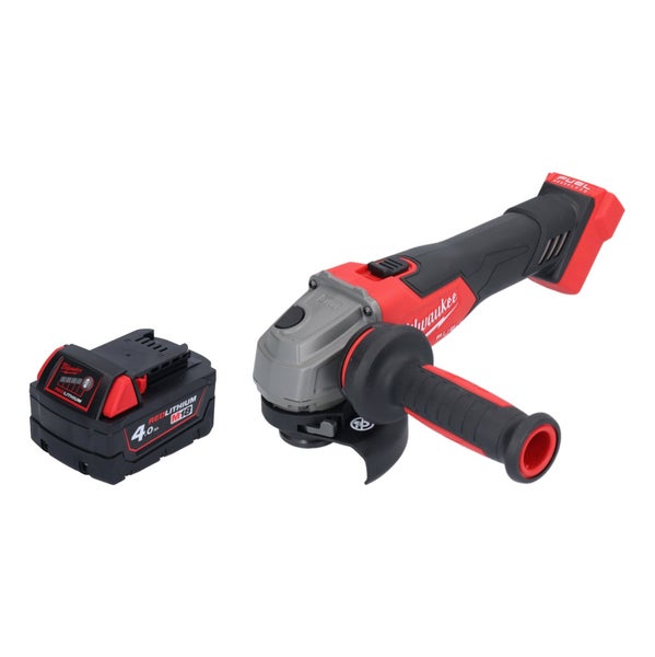 Milwaukee Akku-Winkelschleifer mit Zusatzhandgriff und passendem Milwaukee M18 Redlithium Akku mit 4,0 Amperestunden.