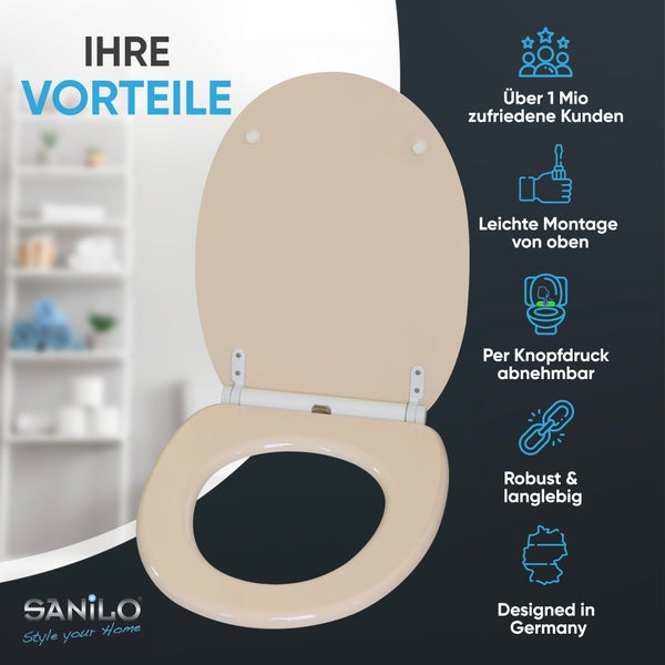 Sanilo WC-Sitz in Beige: Montage von oben, abnehmbar per Knopfdruck, robust, langlebig, in Deutschland entworfen. Sanilo Logo.