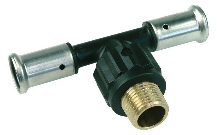 T-Stück Pressfitting mit Außengewinde aus Kunststoff und Metall für Heizung und Sanitär