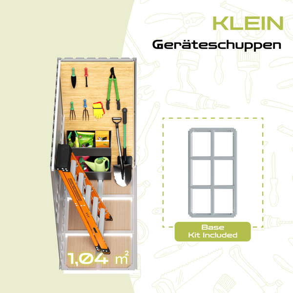 Kleiner Geräteschuppen mit Gartengeräten und einer Leiter, Grundbausatz inklusive