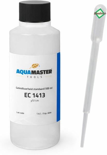 Aqua Master Tools Leitfähigkeitsstandard EC 1413 Mikrosiemens pro Zentimeter, 500 Milliliter Flasche mit Pipette und Weedness Logo.