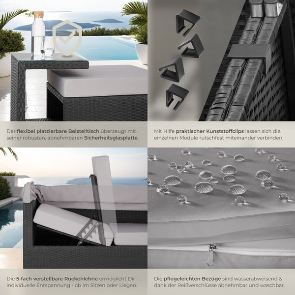 Details von Gartenmöbeln: Beistelltisch mit Sicherheitsglas, Verbindungsclips, verstellbare Rückenlehne und wasserabweisende Bezüge mit Reißverschluss.