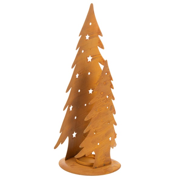 Weihnachtsbaum-Duo aus Metall in Edelrost-Optik mit Sternausstanzungen und Teelichthalter auf rundem Sockel.