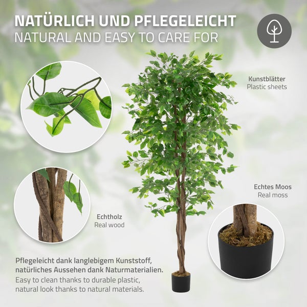 Künstlicher Ficusbaum mit Kunststoffblättern, Echtholzstamm und echtem Moos