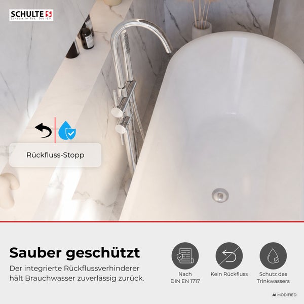 Freistehende Badewannenarmatur mit integriertem Rückflussverhinderer für den Schutz des Trinkwassers nach DIN EN 1717 Schulte Logo
