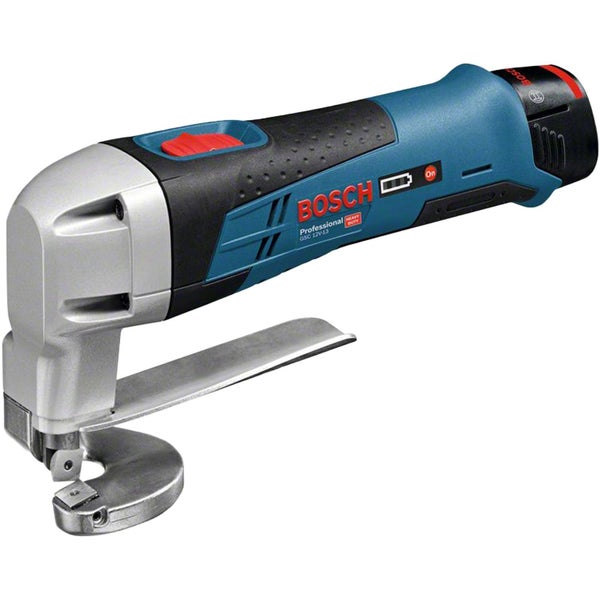 Bosch Professional Akku-Blechschere GSC 12 Volt 13 mit blauem Gehäuse, silberfarbenem Metallkopf und rotem Schiebeschalter.