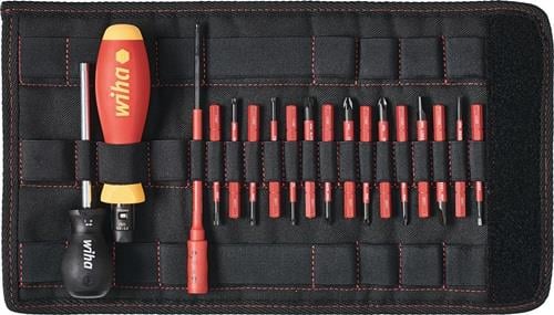 Wiha Schraubendreher-Satz mit verschiedenen Schraubendrehern und Bits in einer schwarzen Rolltasche