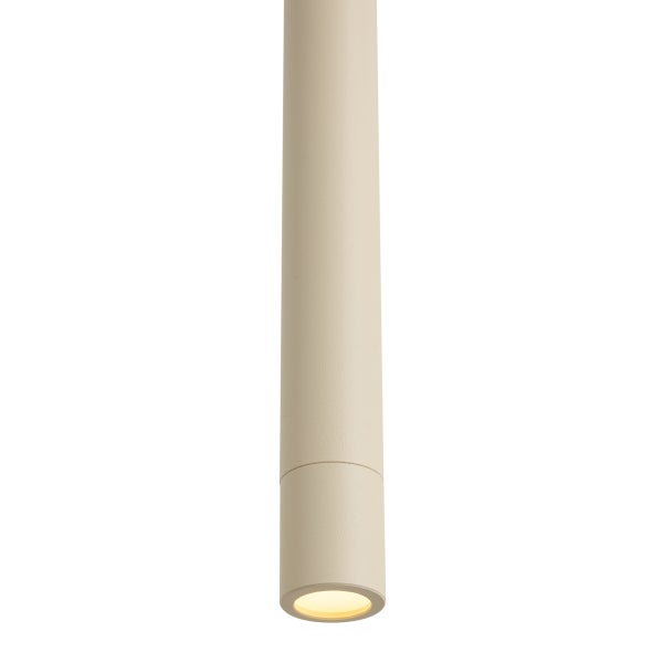 Zylinderförmige Pendelleuchte mit leuchtendem Lichtaustritt an der Unterseite.