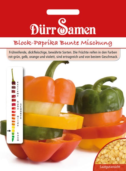 Dürr Samen Logo auf Samentüte für Block-Paprika Bunte Mischung mit Paprikascheiben, Samenansicht und Skala für milde Schärfe.