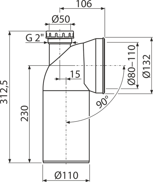 Technische Zeichnung eines 90 Grad Ablaufbogens, Höhe 312,5 Millimeter, Durchmesser 110 Millimeter, Gewinde G 2 Zoll.