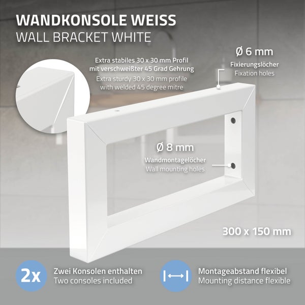 ML-Design 2er Set Wandkonsole für Waschtisch, 300x150 mm, Weiß, Stahl, Design Waschtischhalterung, Wandhalterung Unterbau für Waschtischplatte, Konsolenträger Regalträger Regalhalter Handtuchhalter
