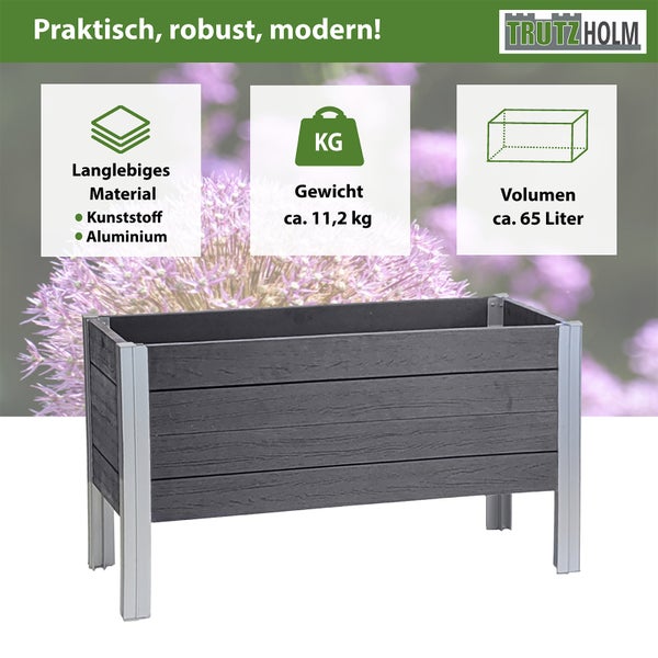 Blumenkasten aus Kunststoff und Aluminium mit einem Gewicht von circa 11,2 kg und einem Volumen von circa 65 Litern