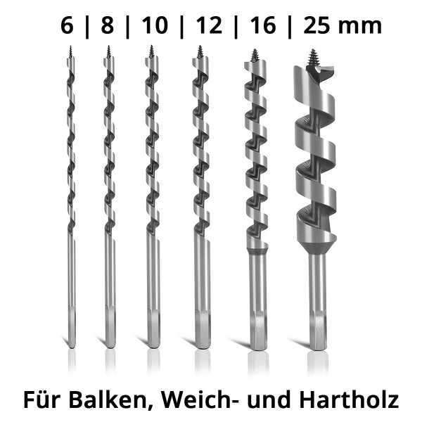 Sechsteiliges Schlangenbohrer-Set aus Metall für Balken, Weich- und Hartholz in den Größen 6, 8, 10, 12, 16 und 25 Millimeter.