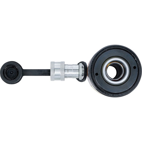 Hydraulik-Kupplung mit Metallgehäuse, schwarzer Gummischlaufe und Schutzkappe.