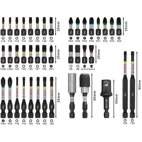 Bosch Schrauberbit-Set mit verschiedenen Bit-Typen und Größen, inklusive Torx, Phillips, Pozidriv, Schlitz und Sechskant