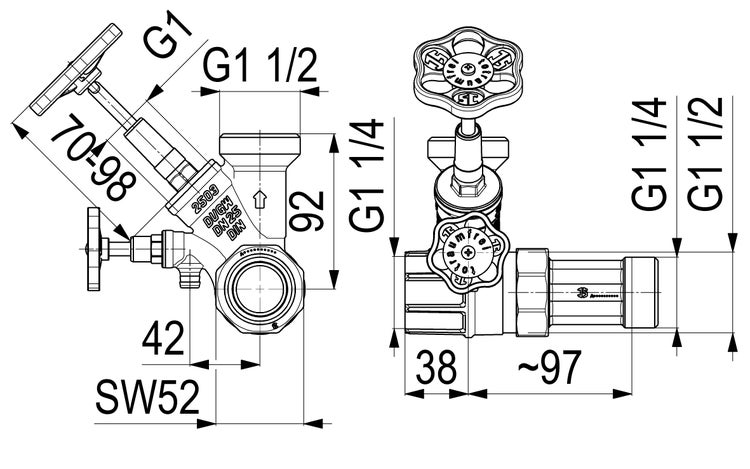 Maßzeichnung einer Armatur mit detaillierten Maßangaben in Millimetern und Gewindegrößen wie G1 und G1 1/2.