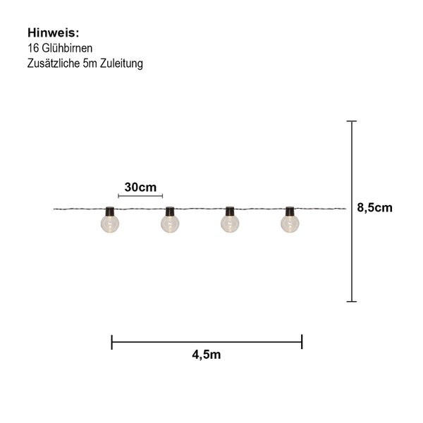 Abbildung einer Lichterkette mit 16 Glühbirnen und einer zusätzlichen Zuleitung von 5 Metern mit den Maßen 30 cm, 8,5 cm und 4,5 Meter.