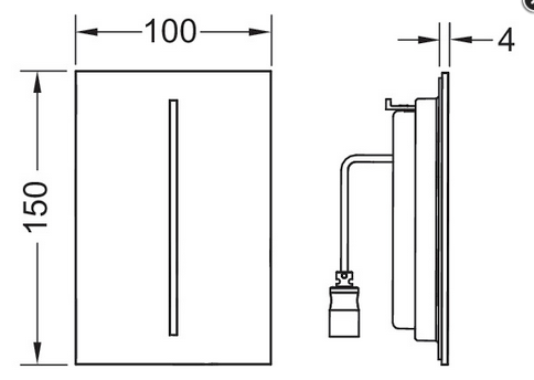 Maßzeichnung mit den Abmessungen: Höhe 150 Millimeter, Breite 100 Millimeter und Plattenstärke 4 Millimeter.