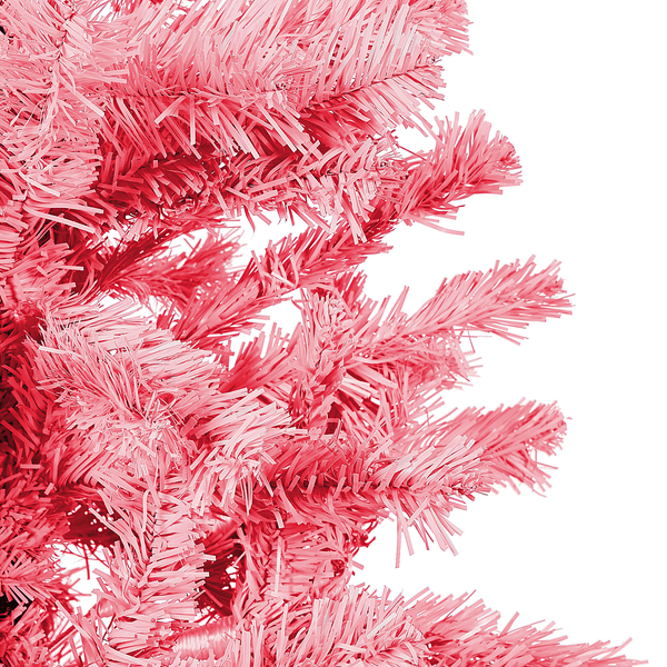 Detailaufnahme eines rosa künstlichen Weihnachtsbaums mit dichten Zweigen und Nadeln aus Kunststoff.
