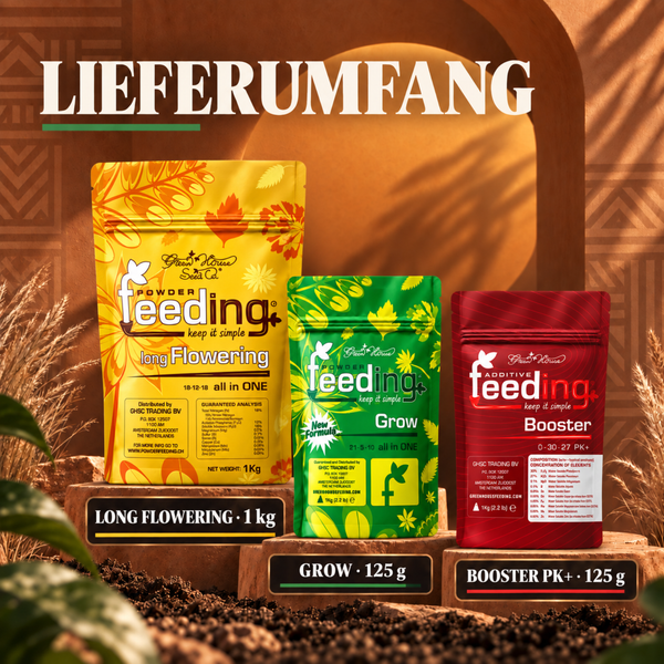 Lieferumfang von Green House Powder Feeding Dünger mit Long Flowering 1 Kilogramm, Grow 125 Gramm und Booster PK plus 125 Gramm Pulverdünger.
