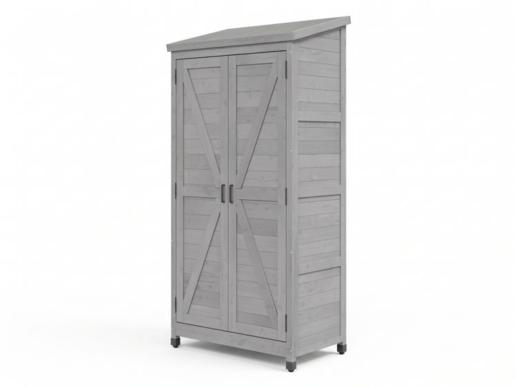 Gartenschrank aus Holz in Grau mit zwei Türen, Pultdach und schwarzen Griffen.