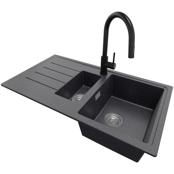 PRIMAGRAN Granitspüle Anthrazit 90x50cm, Spülbecken 1,5 Becken + Küchenarmatur 40x20cm + Ablauf-Set, Küchenspüle ab 60er Unterschrank - Kopenhagen Duo