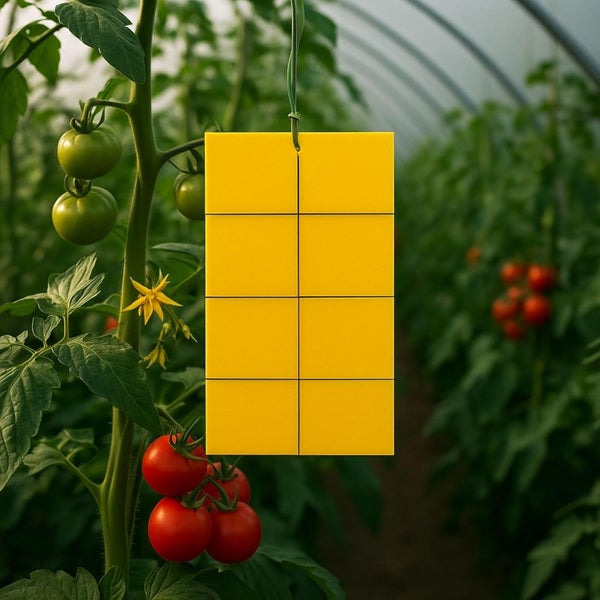 Gelbe Klebefalle zur Insektenbekämpfung hängend in einem Gewächshaus zwischen Tomatenpflanzen mit reifen und unreifen Früchten.