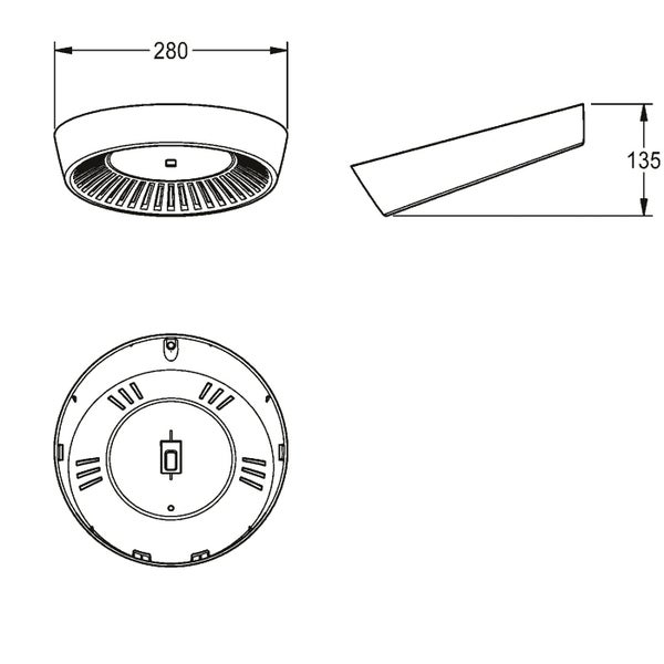 Technische Zeichnung einer runden LED Deckenleuchte mit Maßangaben von 280 Millimeter Durchmesser und 135 Millimeter Höhe.