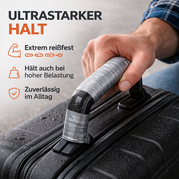 Hand hält mit Panzerband reparierten Koffergriff zur Demonstration von Belastbarkeit und Reißfestigkeit.