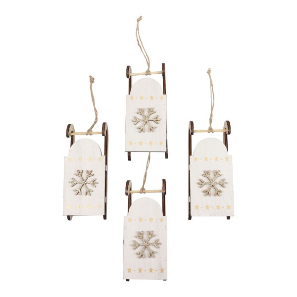 Vier hölzerne Schlitten Ornamente mit Schneeflocke