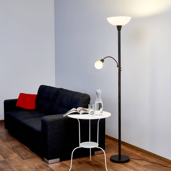 Lindby Stehlampe, Deckenfluter verstellbarer Lesearm Standleuchte Glas Metall 1x E27 max. 15W und E14 8W ohne Leuchtmittel Standlampe