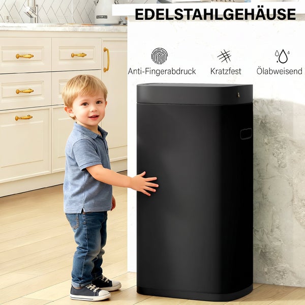 Ein Kind steht neben einem rechteckigen Abfalleimer aus Edelstahl mit Anti-Fingerabdruck-Beschichtung, kratzfester Oberfläche und Ölabweisung.