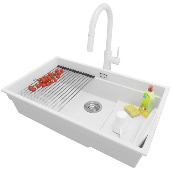 PRIMAGRAN Granitspüle Weiß 76x47cm, Spülbecken 1 Becken + Küchenarmatur 40x20cm + Ablauf-Set + Aufrollbare Abtropffläche, Küchenspüle ab 80er Unterschrank - Praga Slim